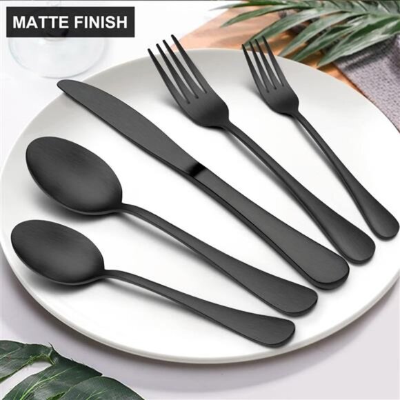 40 Piece Matte Black Silverware Set, Stainless Steel Black Flatware Cutlery Set - Picture 4 of 8